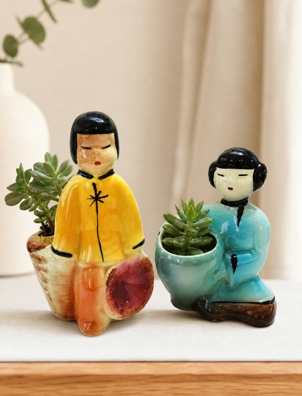 1950s Japan Porcelain Boy Girl Planters Pair Mid Century Figurines